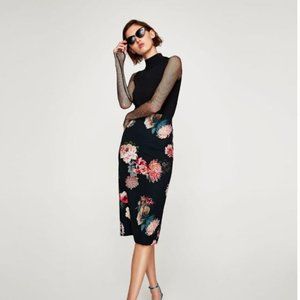 Zara Woman Black Large Floral Botanical Pencil Midi Skirt | Size M